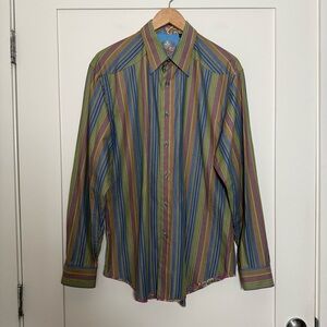 Robert Graham Shirt Mens Sz L Green Striped Contrast Cuffs Long Sleeve Cotton